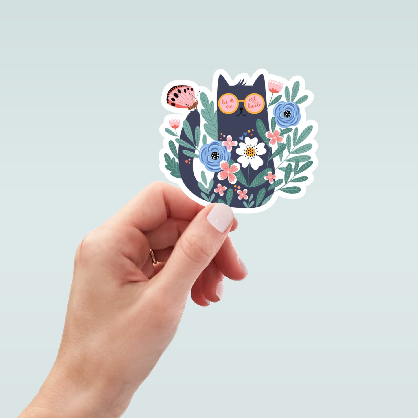 cute cat flowers sticker, la vie est belle, funny stickers, laptop sticker, water bottle sticker, kindle sticker, decals