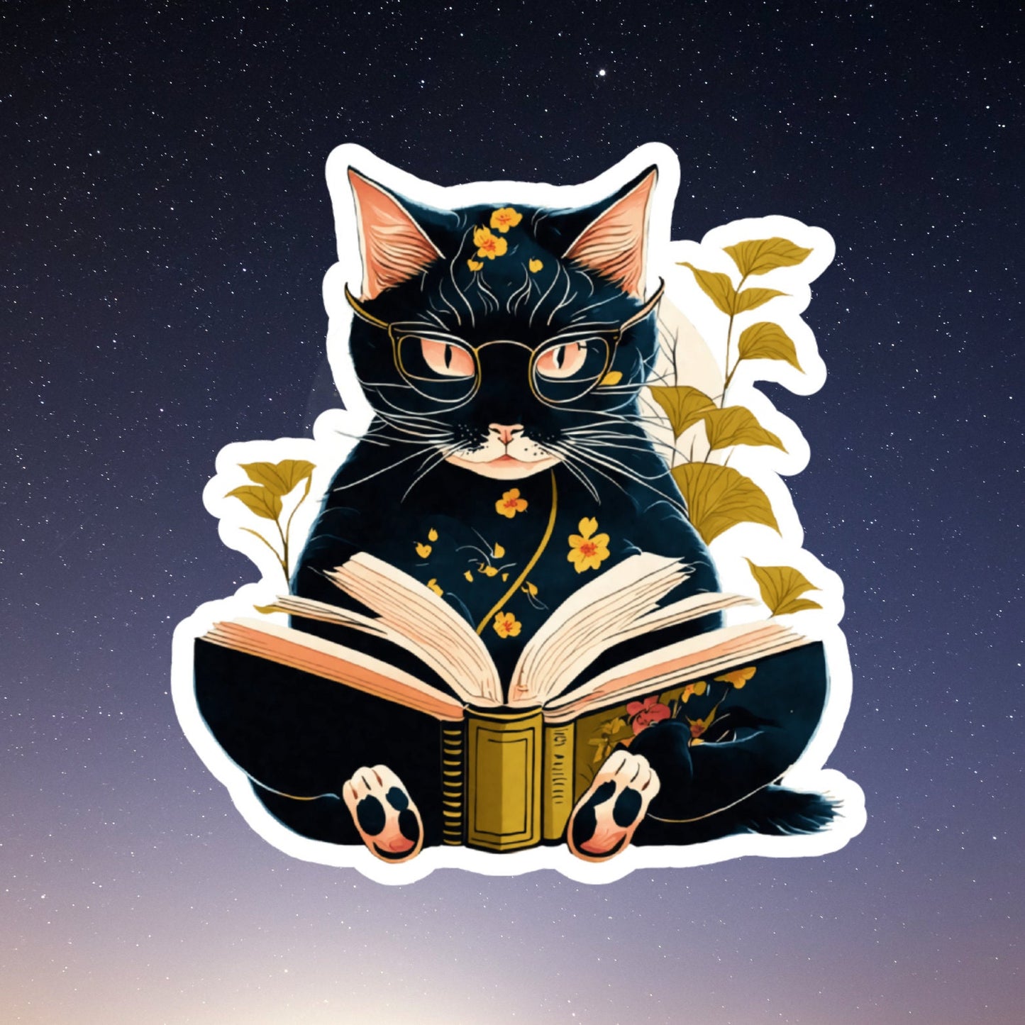 black cat reading sticker, book laptop decals, water bottle stickers, funny stickers, book stickers, planner stickers, kindle stickers