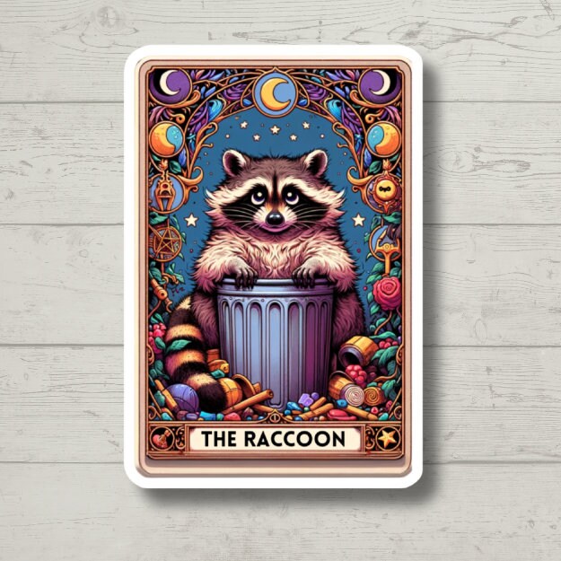 the raccoon tarot card vinyl sticker, water bottle sticker, laptop sticker, kindle stickers, sarcastic sticker, funny stickers