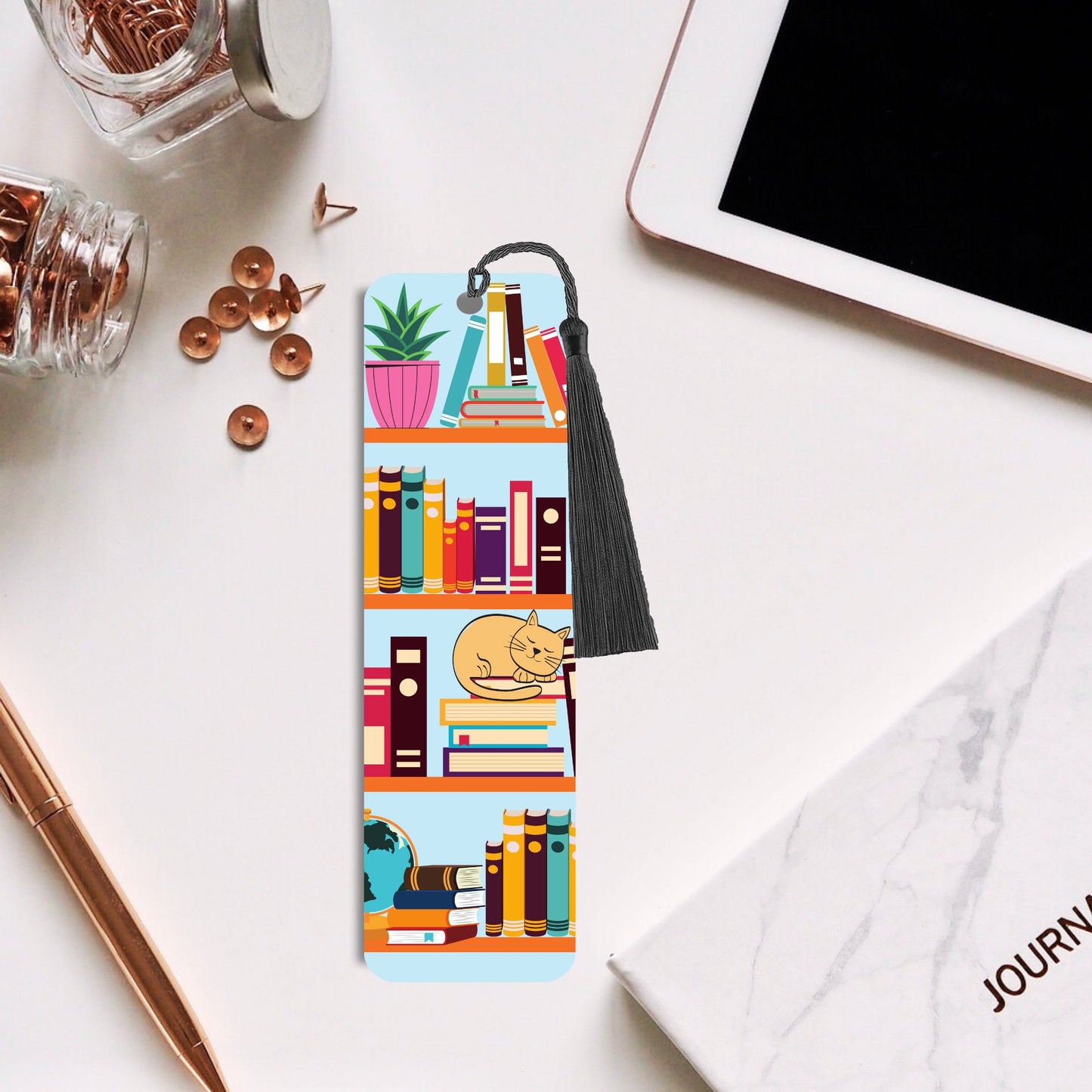 cat and books on bookshelf bookmark, metal bookmark, reading, book lover gift, bookish, cute bookmarks