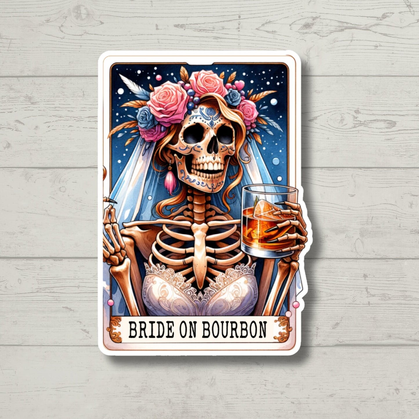 the bride of bourbon tarot card, funny stickers, water bottle stickers, laptop stickers, sarcastic stickers, kindle stickers, snarky