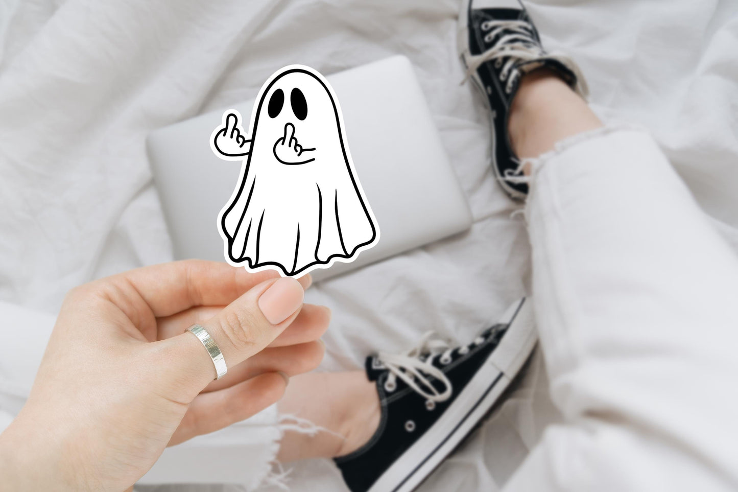 Ghost Middle Finger Sticker | Funny Sarcastic Vinyl Decal for Laptop, Water Bottle, Kindle | Halloween Humor Gift