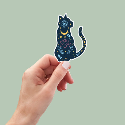 Mystical cat sticker, cat lover sticker, crystals, tumbler stickers, water bottle stickers, water bottle decal, computer stickers