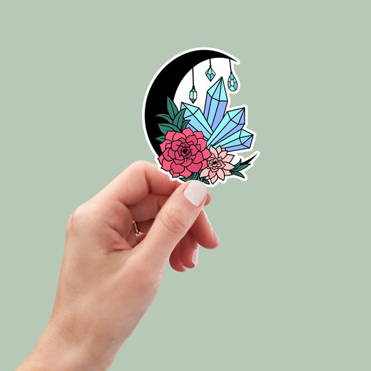 Moon sticker, Witchy Stickers, Crystals, Aquamarine Crystal, tumbler stickers, water bottle stickers, water bottle decal, computer stickers