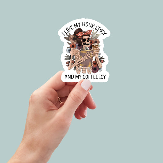 I like my book spicy and coffee icy, book laptop decals, water bottle stickers, funny stickers, book stickers, planner stickers, bookish