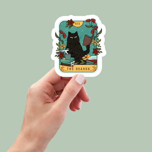 The Reader cat tarot sticker, book laptop decals, water bottle stickers, funny stickers, book stickers, planner stickers, kindle stickers