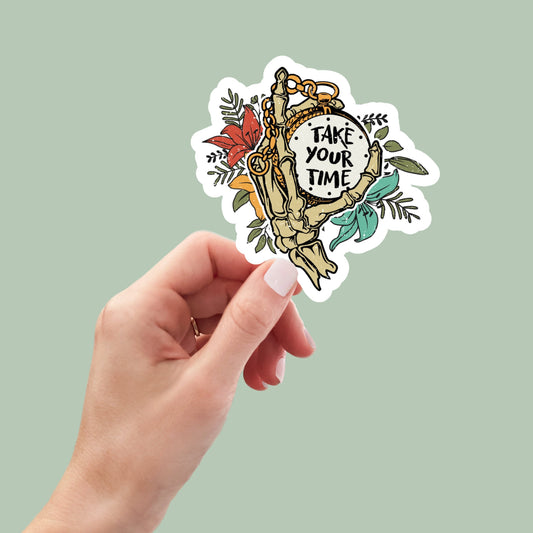 take your time skeleton stickers, water bottle sticker, laptop sticker, inspirational sticker, decal, kindle stickers, journaling stickers