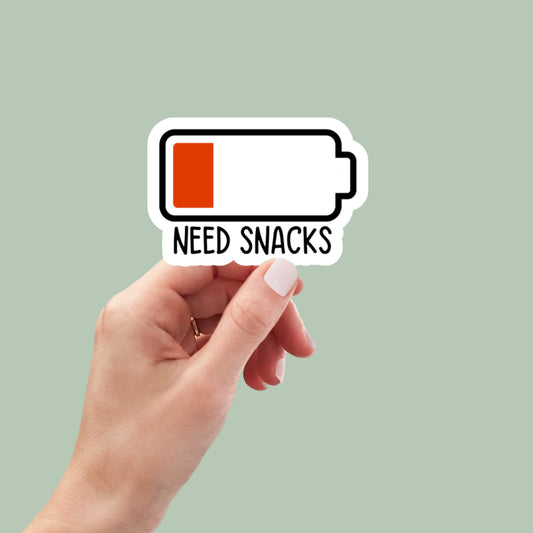 need snacks battery sticker, funny stickers, laptop sticker, water bottle sticker, book sticker, tumbler sticker, snarky sticker