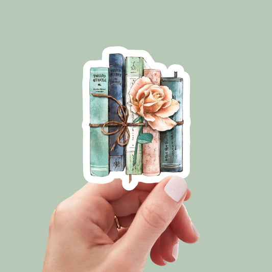 watercolor books with rose Sticker, book laptop decals, water bottle stickers, bookish, reading, planner stickers, aesthetic stickers,