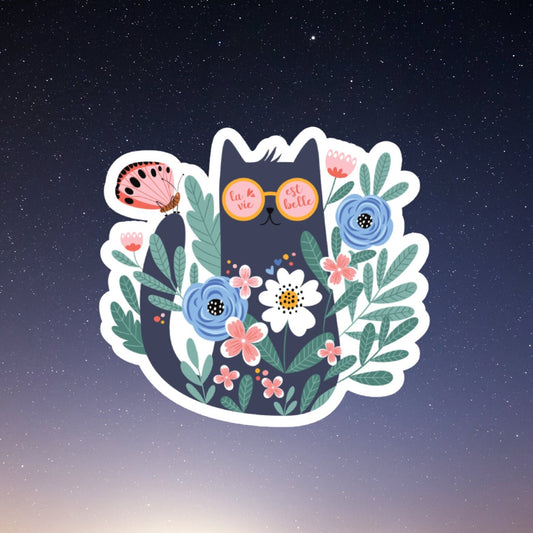 cute cat flowers sticker, la vie est belle, funny stickers, laptop sticker, water bottle sticker, kindle sticker, decals