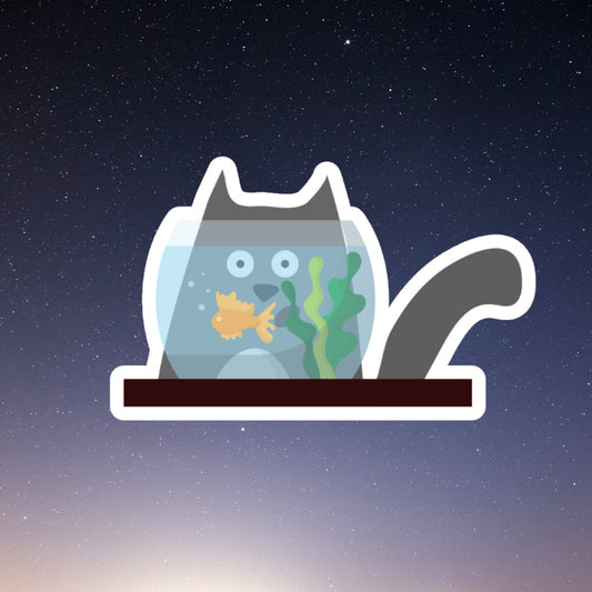 cat fishbowl waterproof vinyl sticker, funny stickers, laptop sticker, water bottle sticker, kindle sticker, decals