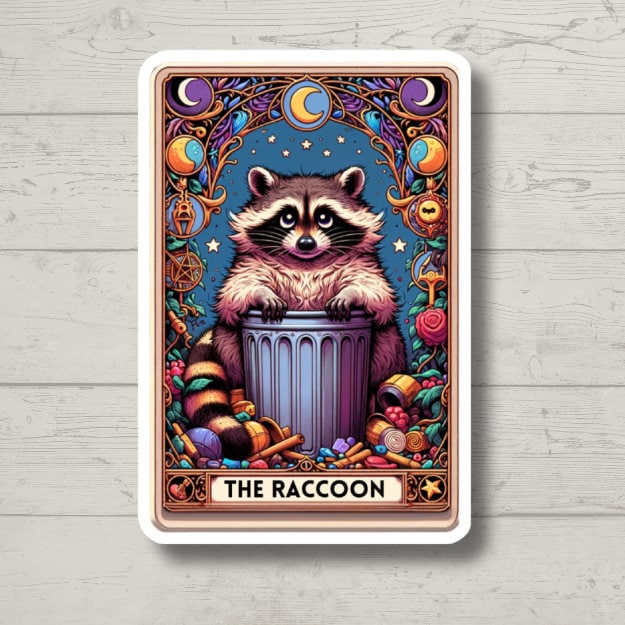 the raccoon tarot card vinyl sticker, water bottle sticker, laptop sticker, kindle stickers, sarcastic sticker, funny stickers