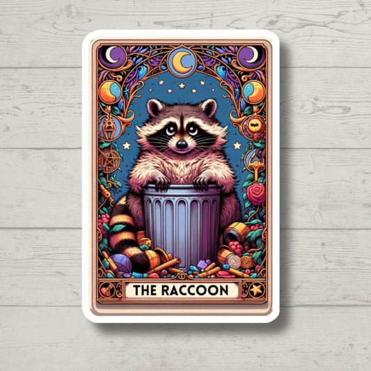 the raccoon tarot card vinyl sticker, water bottle sticker, laptop sticker, kindle stickers, sarcastic sticker, funny stickers