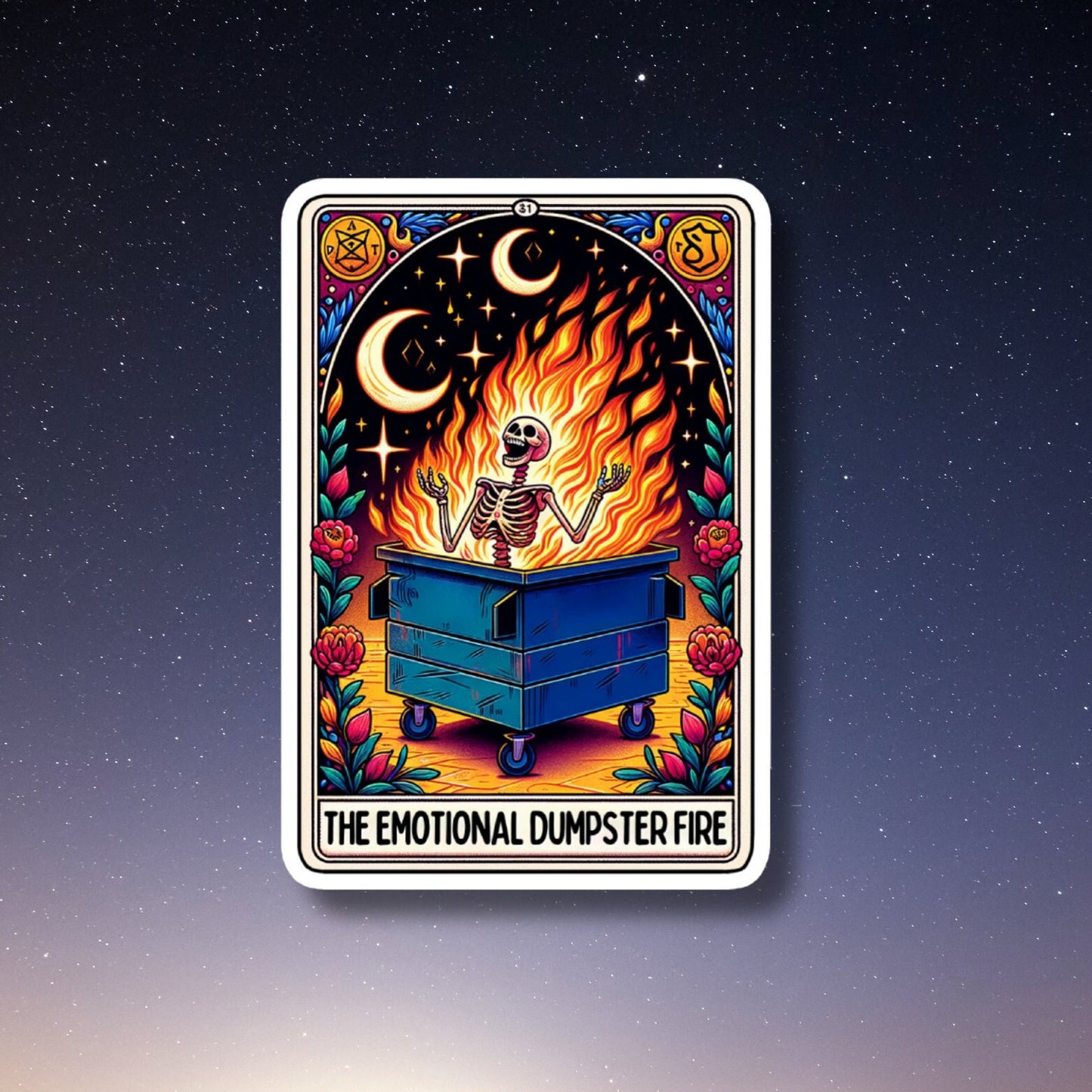 emotional dumpster fire tarot card vinyl sticker, water bottle sticker, laptop sticker, kindle stickers, sarcastic sticker, funny stickers