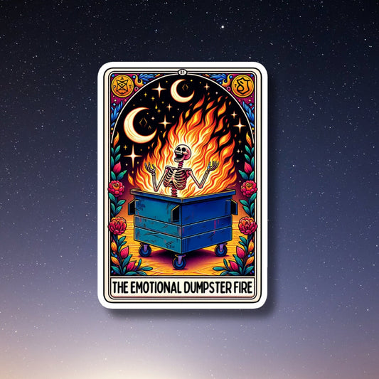 emotional dumpster fire tarot card vinyl sticker, water bottle sticker, laptop sticker, kindle stickers, sarcastic sticker, funny stickers
