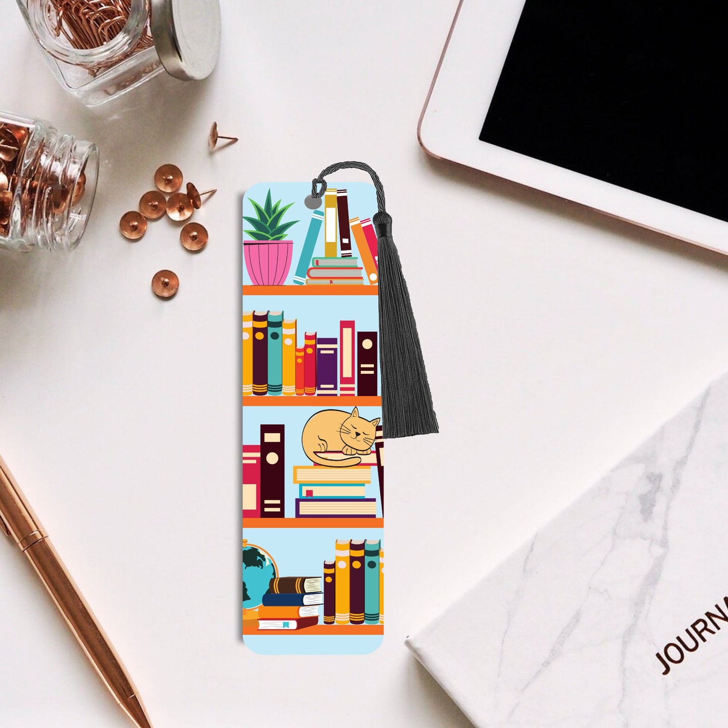 cat and books on bookshelf bookmark, metal bookmark, reading, book lover gift, bookish, cute bookmarks