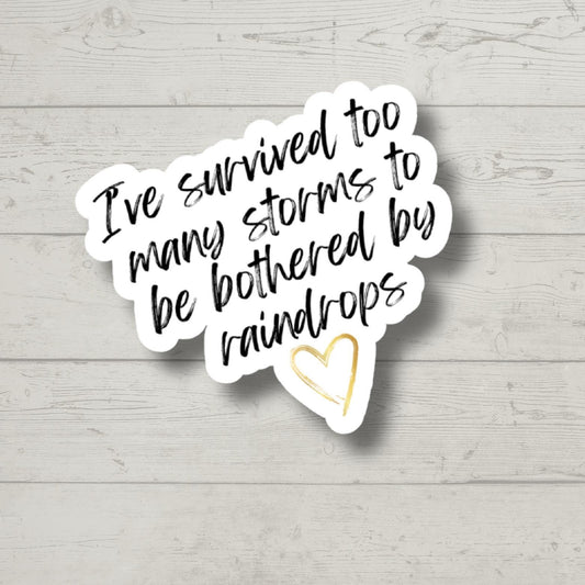 I've survived too many storms to be bothered by raindrops, laptop sticker, water bottle sticker, motivational sticker, inspirational sticker