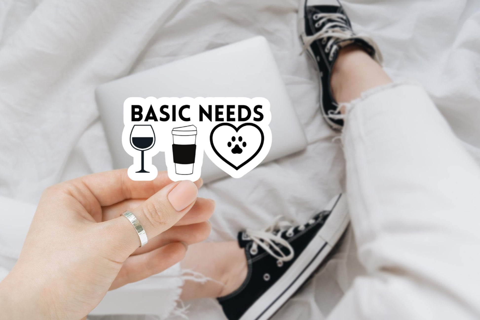 Basic Needs wine coffee dogs cats sticker, wine stickers, coffee stickers, dog stickers, cat stickers, decals, water bottle stickers, laptop