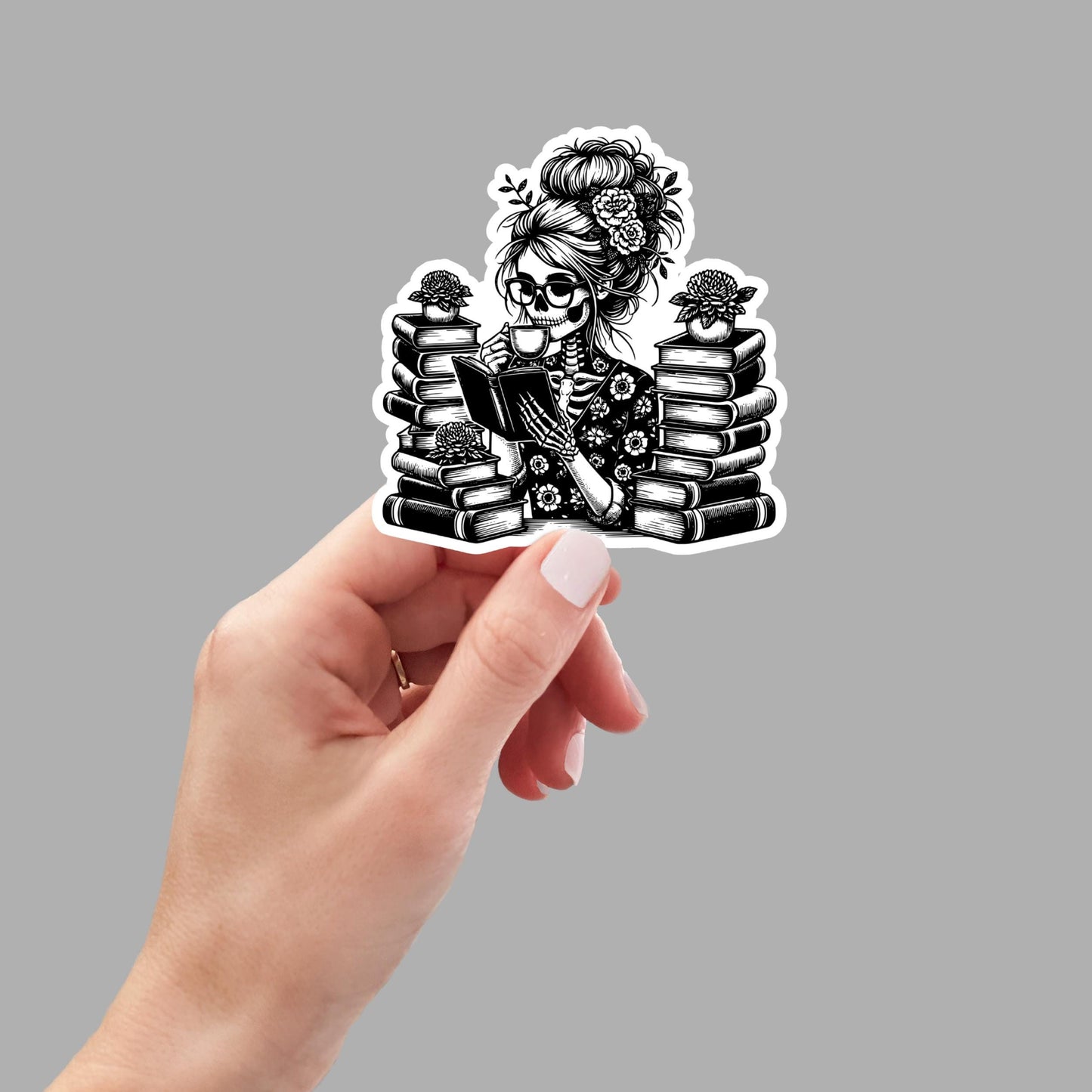 Skeleton Lady Reading Coffee, laptop stickers, funny stickers, sarcastic stickers, reading, smut stickers