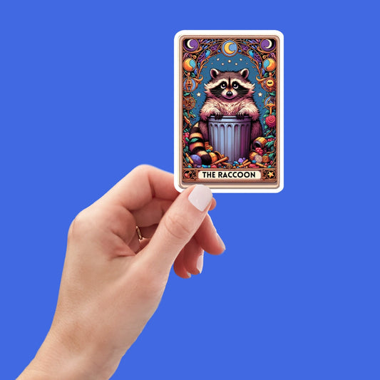 the raccoon tarot card vinyl sticker, water bottle sticker, laptop sticker, kindle stickers, sarcastic sticker, funny stickers