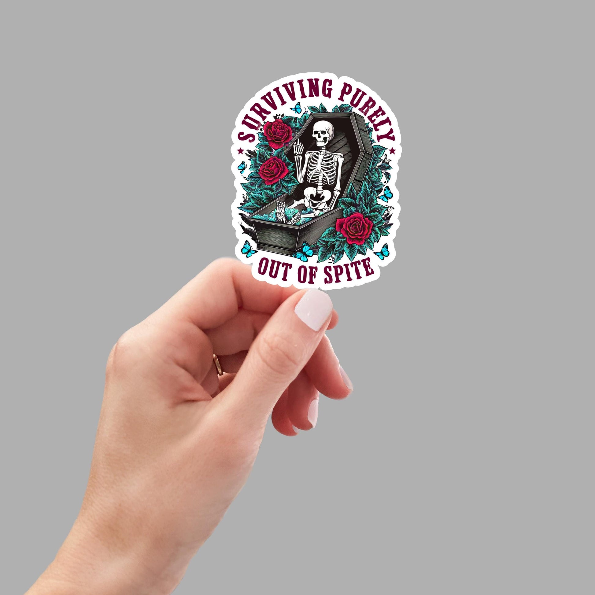 Surviving Purely Out of Spite, Funny Skeleton, Sticker for Laptop, water bottle sticker, kindle stickers, sarcastic sticker, funny stickers