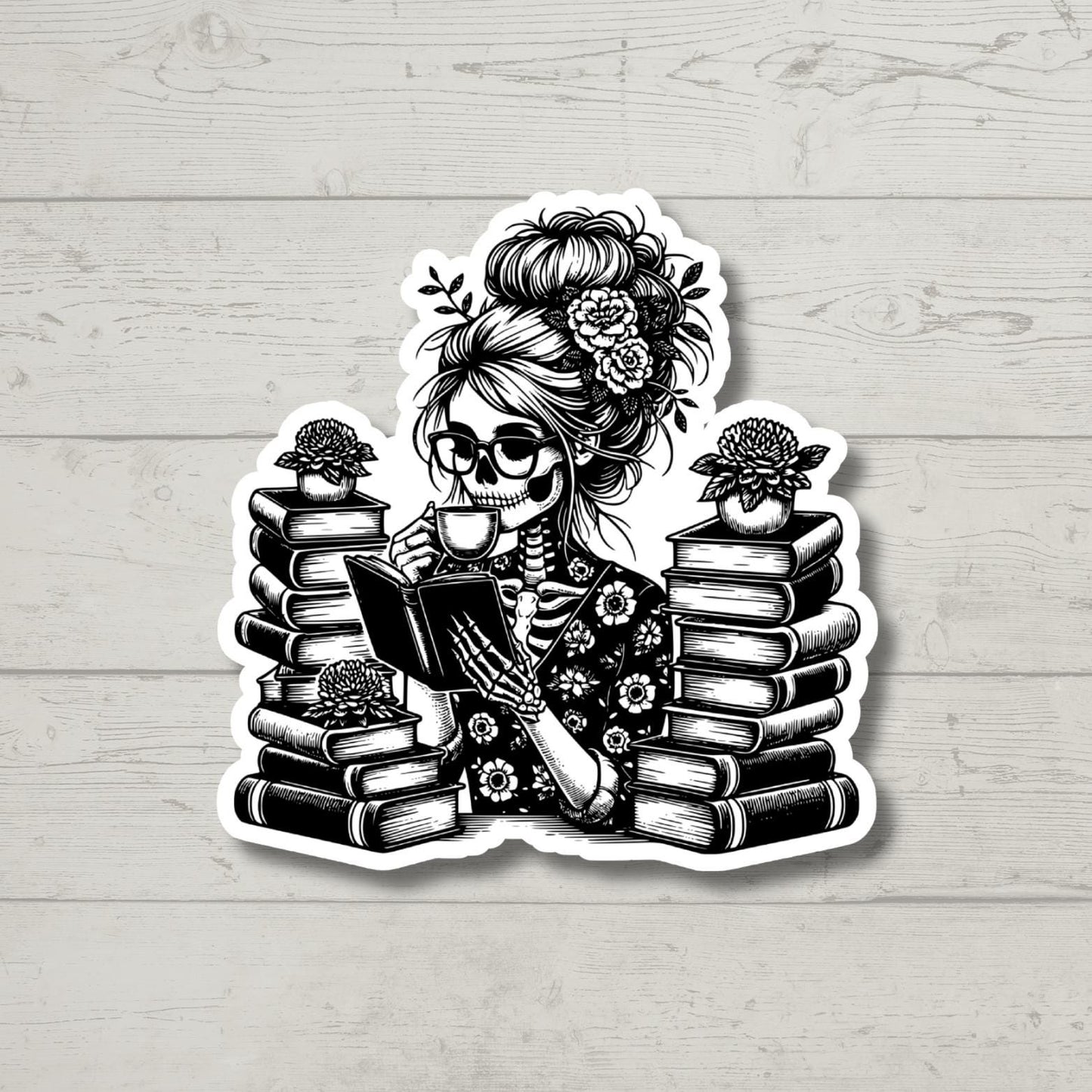 Skeleton Lady Reading Coffee, laptop stickers, funny stickers, sarcastic stickers, reading, smut stickers