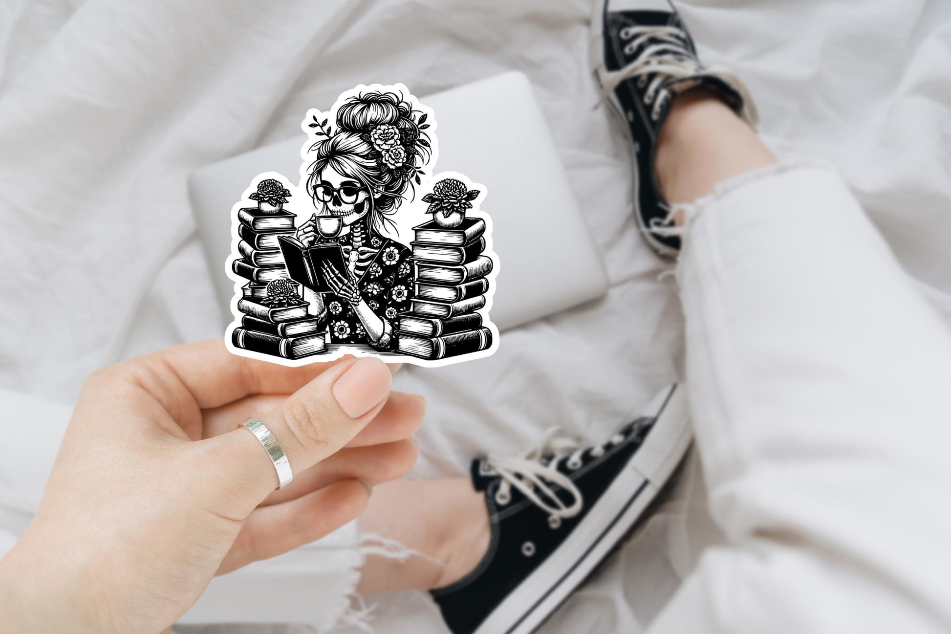 Skeleton Lady Reading Coffee, laptop stickers, funny stickers, sarcastic stickers, reading, smut stickers