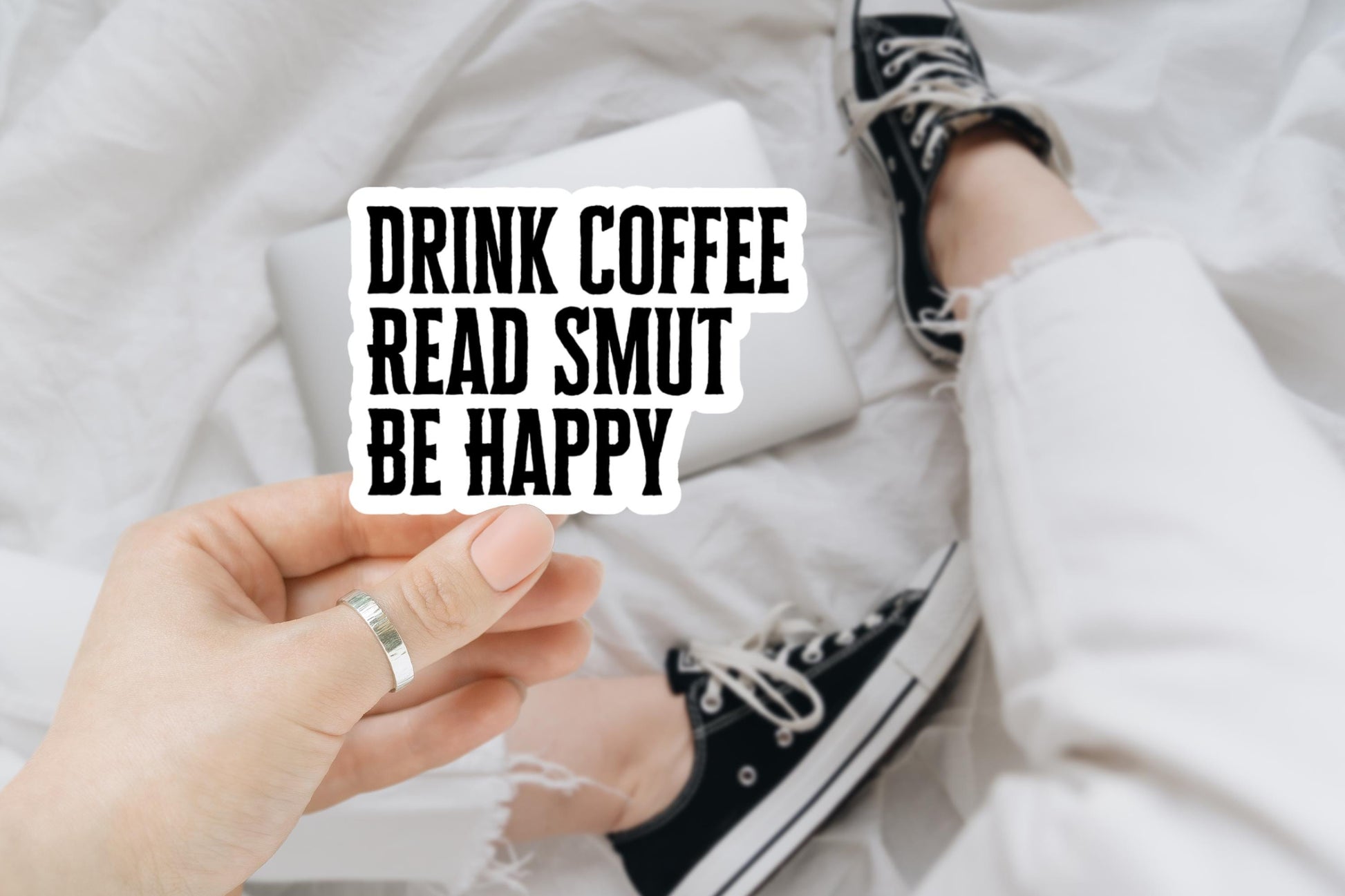 drink coffee read smut be happy, laptop stickers, funny stickers, sarcastic stickers, reading, smut stickers