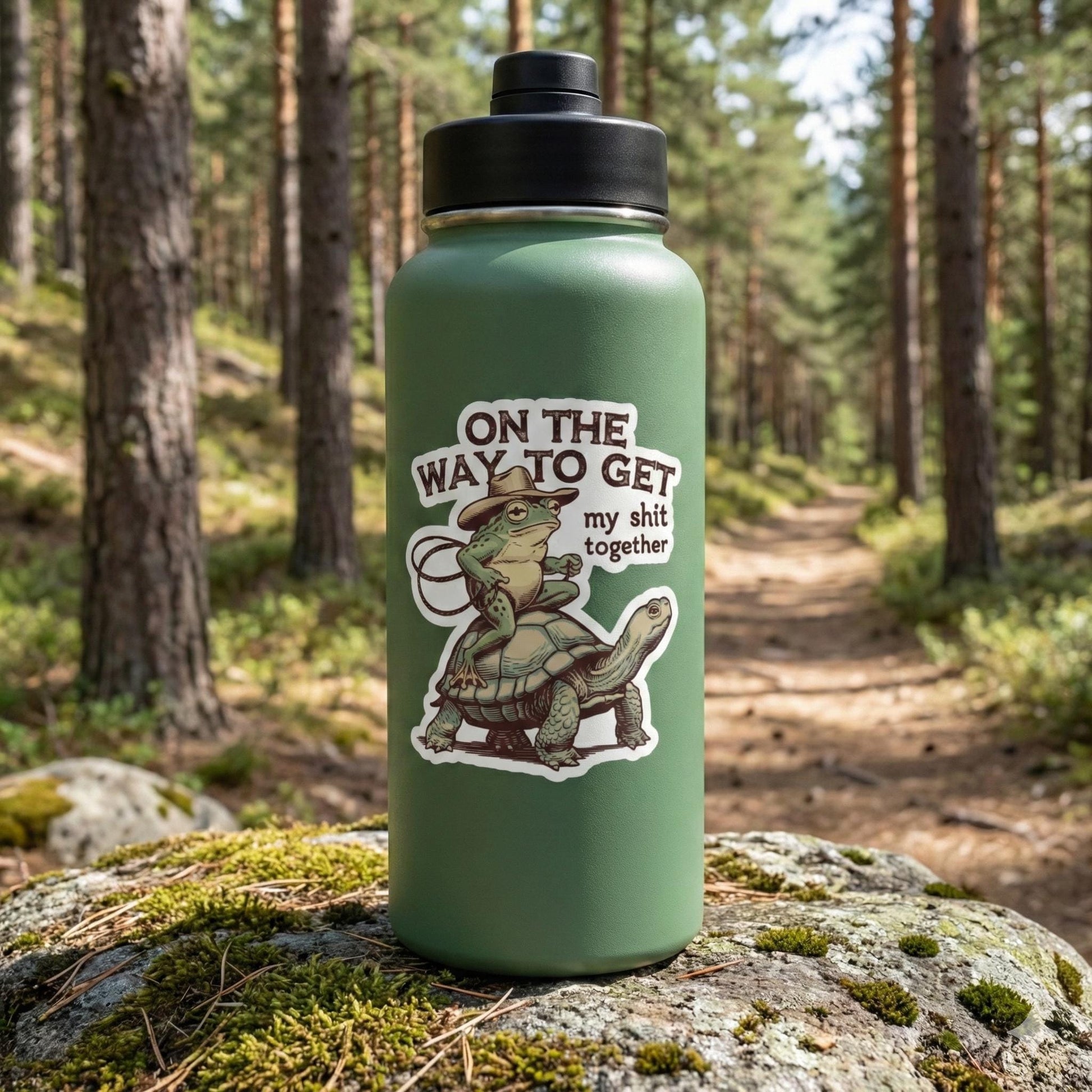 On the Way to Get My Sh*t Together Sticker - Funny Frog Riding Turtle - Waterproof Vinyl Decal - Cute Cottagecore Aesthetic Gift